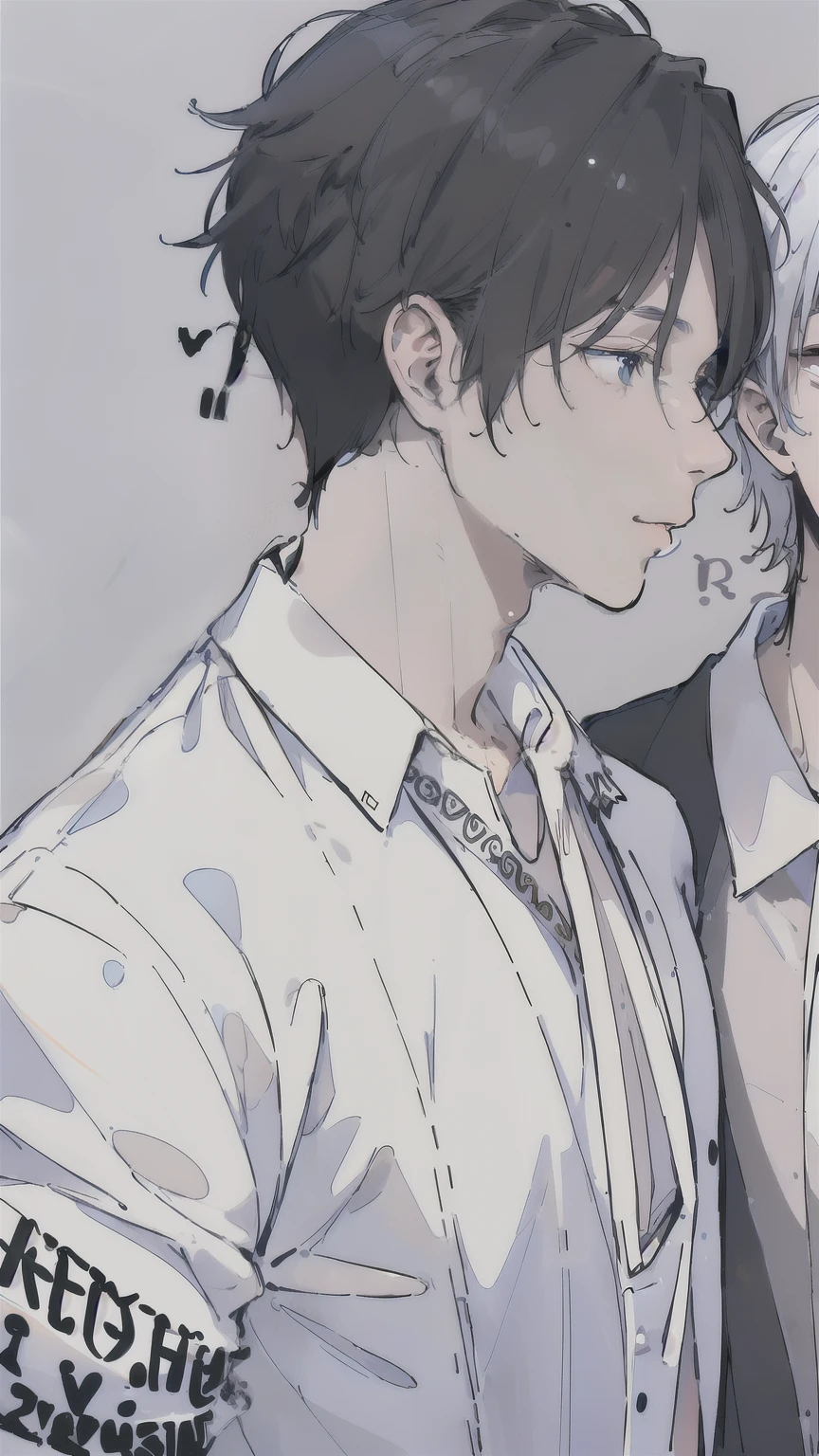 (Masterpiece), (Best Quality), Very detailed, (( a couple guy:2.3)), Perfect Face, Beautiful Face, Very detail, (short Black-haired man 1.3), (short White-haired man with 1.3)、white shirt、standing at a distance, facing away from the camera, kiss