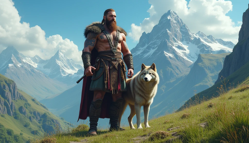 the best quality, very high resolution, detailed 4K CG, Masterpiece artwork, augur, Nordic Deuses, handsome man holding viking musical instrument plus a wolf, rune tattoos, viking, Celtic mountains, blue sky, Norse mythology, viking rune tattoo, beautiful aesthetic, Beautiful picture, There are beautiful mountains with green grass in the back