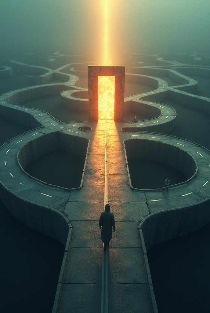 Roads with several different paths are difficult and a main road with a beam of light and an open door with a burning bush inside, in the middle of the main road a person walking towards the door