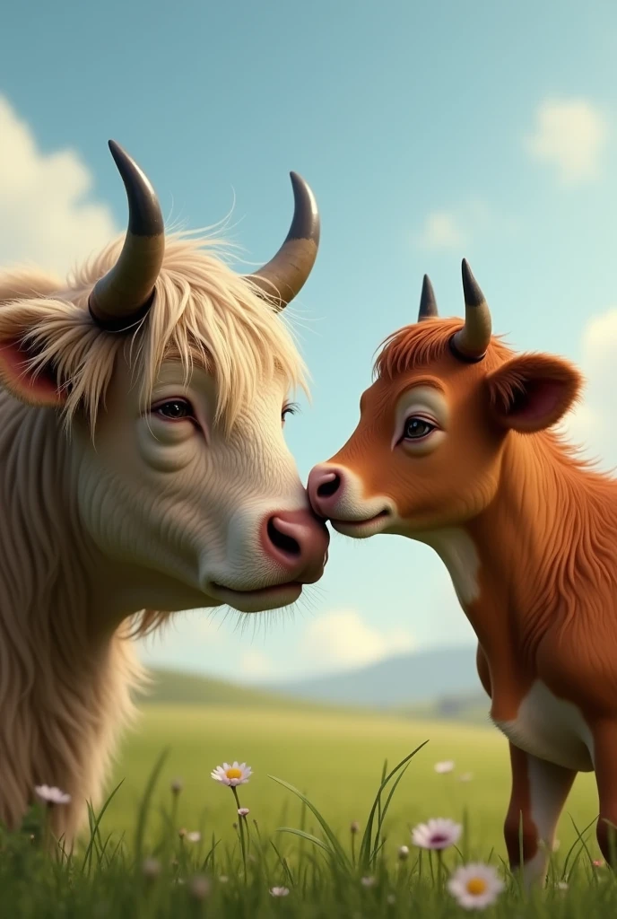 Image of an old male cow kissing a young female cow