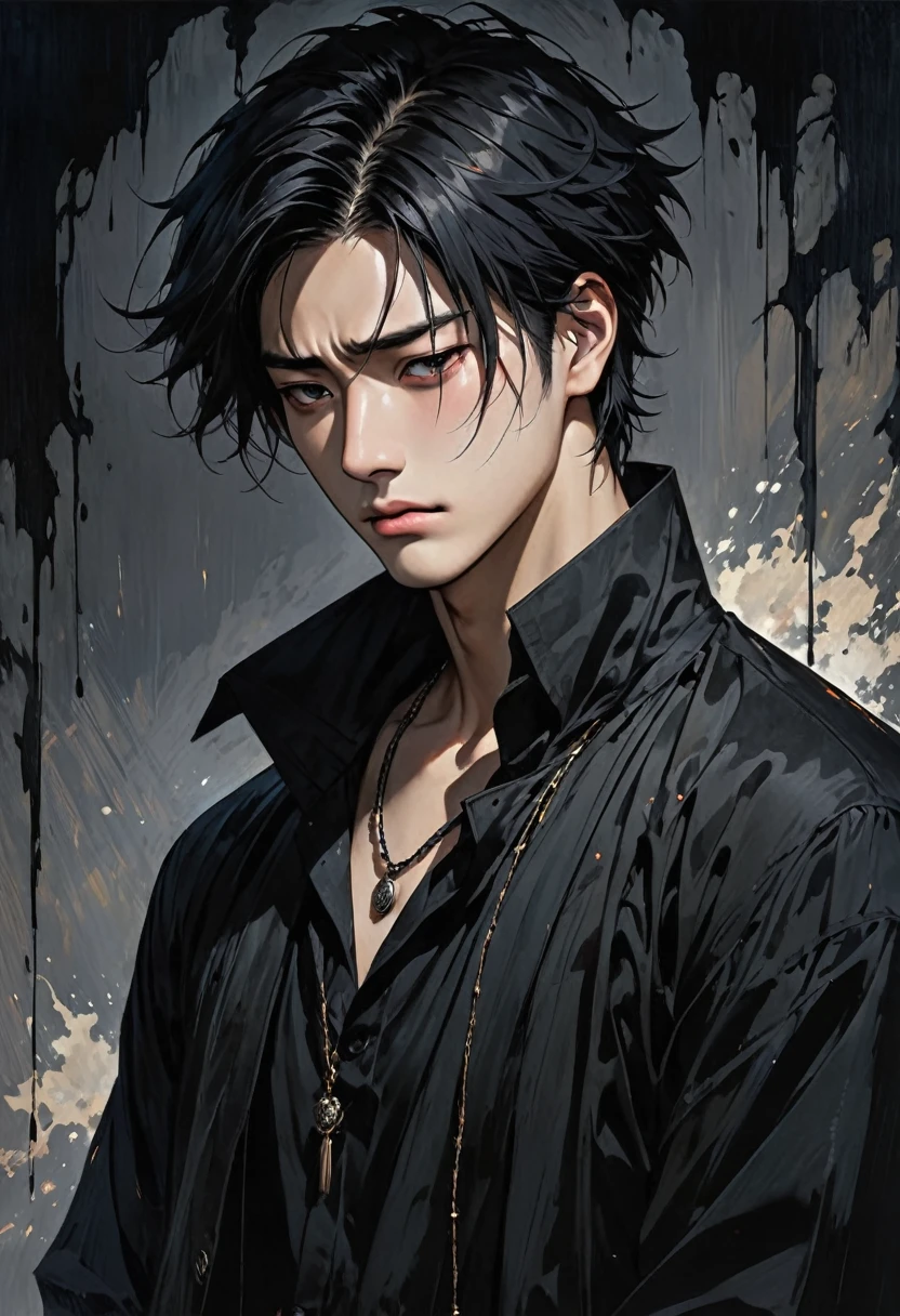 A 28-year-old Asian male with a dark and twisted background. He has a sharp facial structure with a melancholic yet intense expression. His eyes are narrow, reflecting emptiness and pain, but occasionally show unexpected gentleness. His hair is slightly messy, jet-black, with a few strands falling over his forehead as if hiding part of his identity. He wears a dark, modern outfit—perhaps a black shirt or jacket—tainted with subtle stains or tears, hinting at a troubled past. A small necklace hangs around his neck, carrying deep personal meaning. His posture is usually reserved, quiet, and introverted, but when his darker side emerges, his demeanor shifts, revealing an aura of anger and sorrow. The background should be dimly lit, emphasizing the character’s internal conflict, with shadows that almost seem alive, representing his haunted past."
