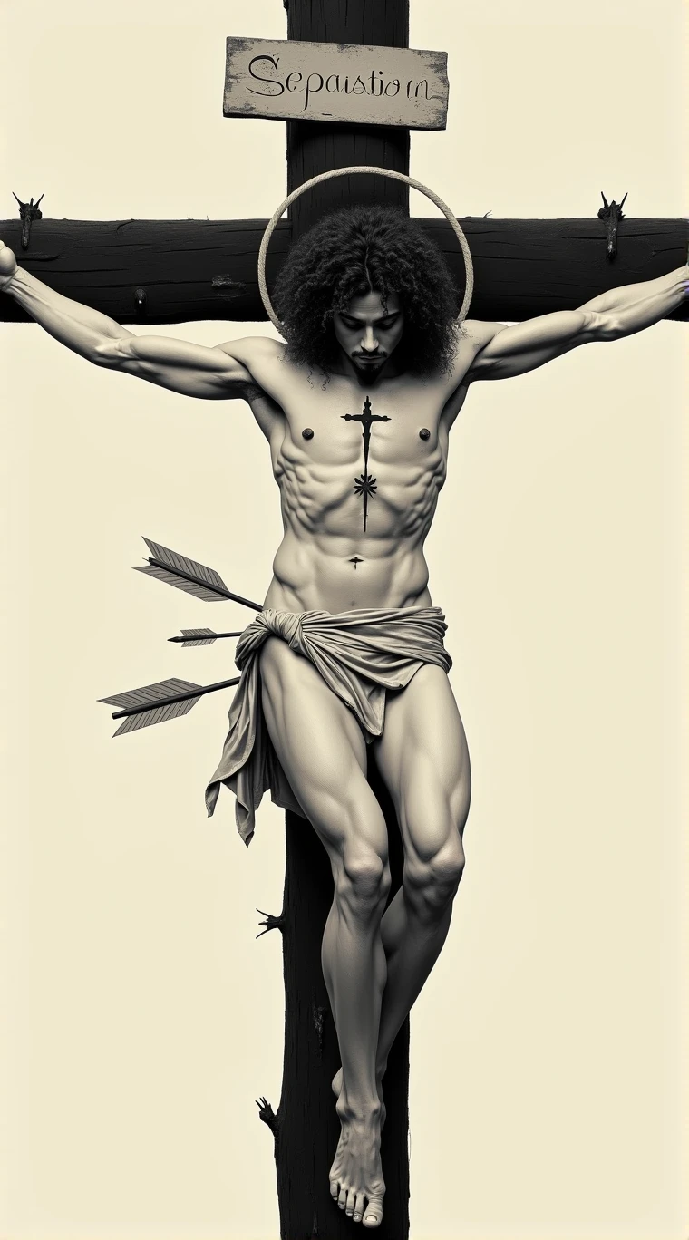 a beautiful gay saint sebastian with curly hair, crucified in a tree, showing off full body with a halo, arrows crossed on the chest,neck and leg, black work tattoo, minimalist style