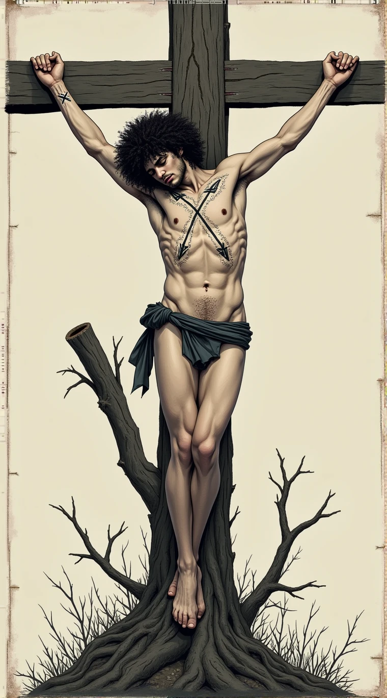 a beautiful gay saint sebastian with curly hair, crucified in a tree, showing off full body with a halo, arrows crossed on the chest,neck and leg, black work tattoo, minimalist style