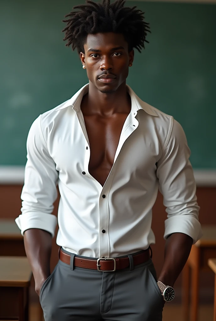 homme afroboy, 15 ans, beau et élégant, Porter un uniforme, sexey , masculin et beau,musclé,Les muscles ont l'air bien,corps poilus, avec une peau claire, 黑L'oeil(yeux fins 1:3), photo du corps entier,(ultra-détaillé, Photoréaliste, Meilleure qualité, 4k, 8k, haute résolution, chef-d'œuvre:1.3), un homme mûr, charmant et distingué , (corps musclé), portant une chemise blanche brillante sur mesure, avec le bouton du haut défait avec désinvolture, pantalon anthracite parfaitement ajusté, Transpirer, déboutonner les boutons de la chemise, visage obscène ,la poitrine serrée, sexe,Chemise transparente, érotique, corné, Regarder droit, Les accessoires incluent une montre-bracelet de luxe, boutons de manchette sobres, et une ceinture en cuir simple mais élégante, dans la salle de classe,regarder le spectateur,veines musculaires,
