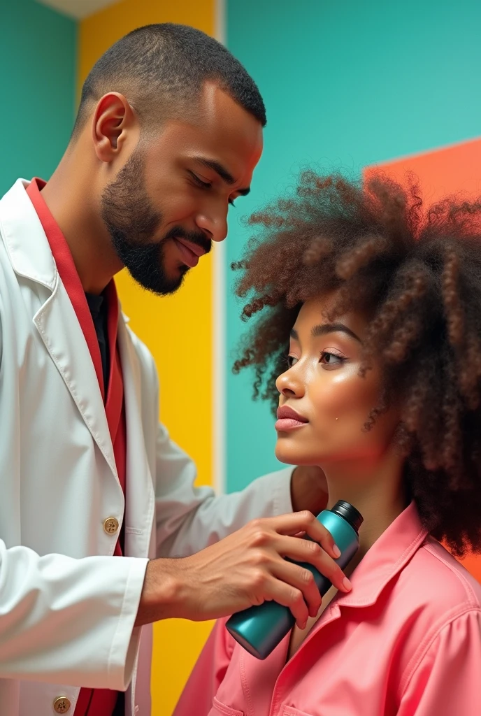 Doctor applying a hair treatment to a person, 90s ad style