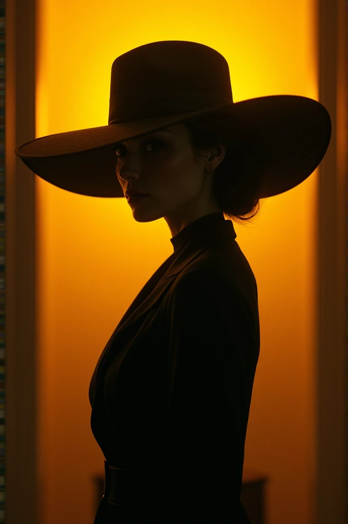 Woman with hat covering her face and yellow background