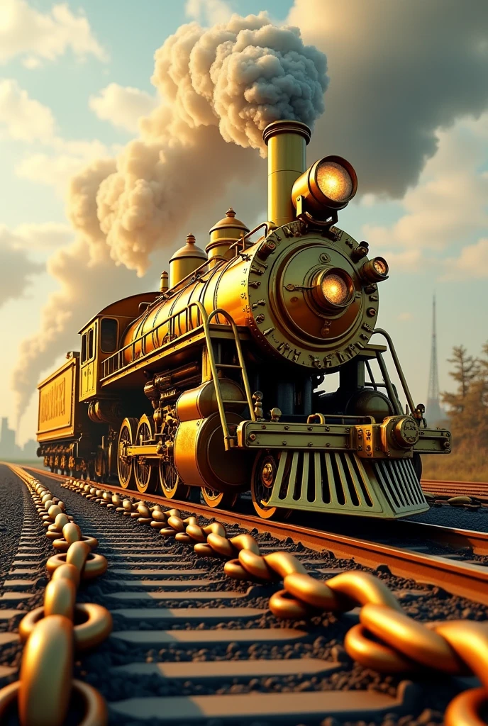 A gold-colored locomotive moving forward on American football chains
