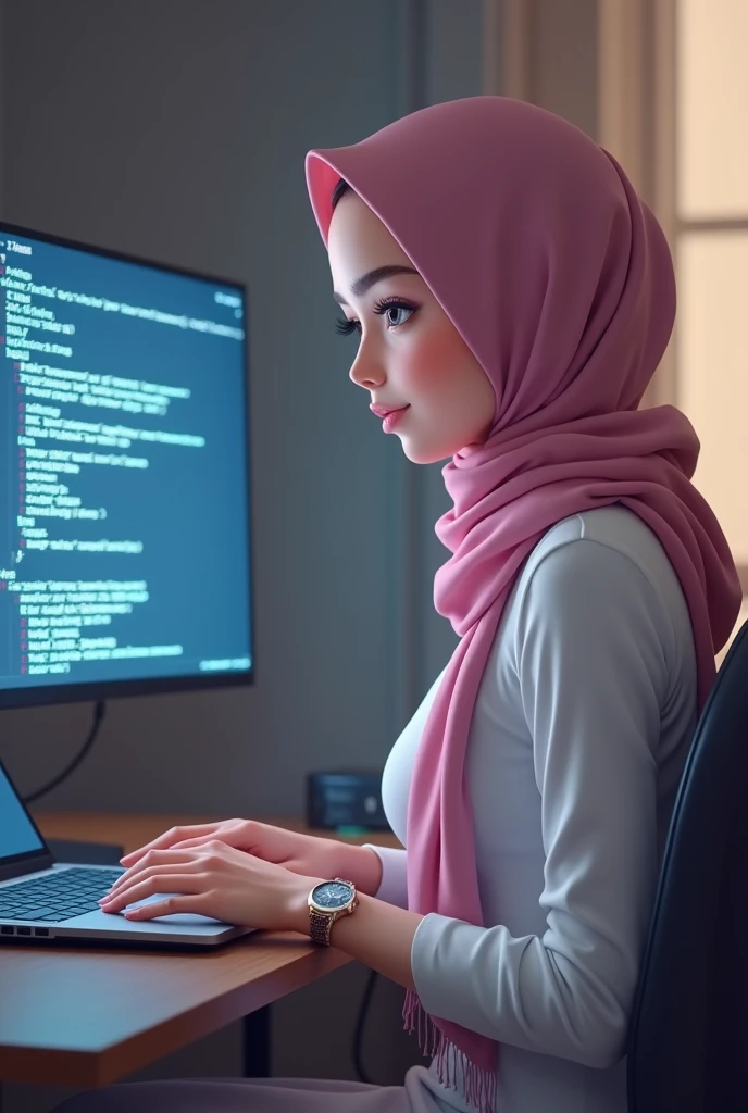 A 22 years old cute girl sitting on a chair with laptop..busy to writing a code. With a side position.She wearing a full hijab with udercap. And a back screen is coading screen on the top name show "pirah" . The face is showing half side with full laptop. The dressing is white with pink scarf. Skin tone white wearing a watch in her hand. Small eyes. Small lips