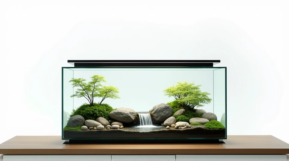 create a detailed image of a rectangular glass terrarium that is wide, contains a small natural waterfall made of stones, must have a smooth black lid and base, must be on a surface made of wood.
the background must be white