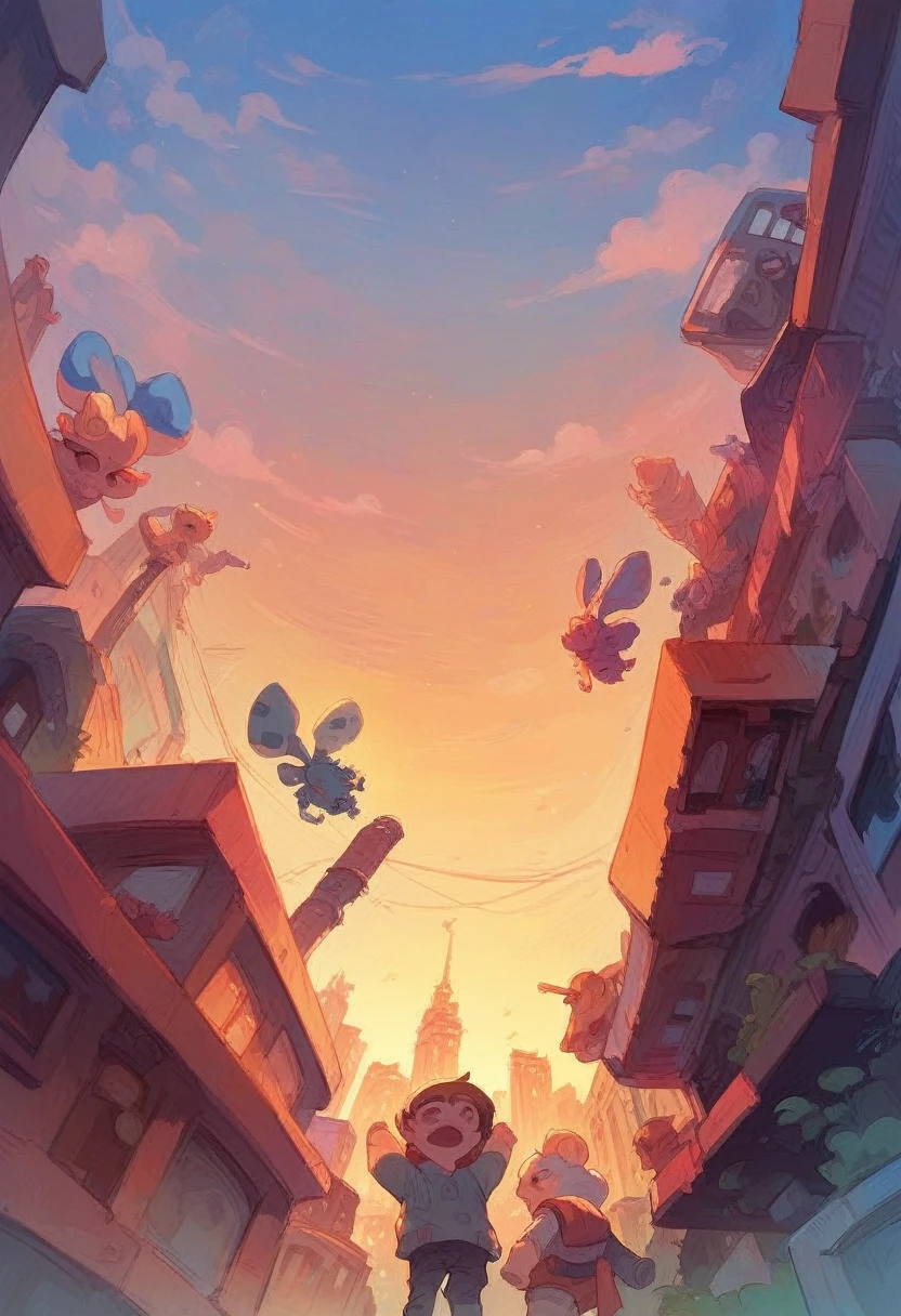 Kid playing with toys close to a city with huge skyscrapers. Hige atom bomb ecplosion in the background behind the city. Sunset. Ultra realistic. Masterpiece