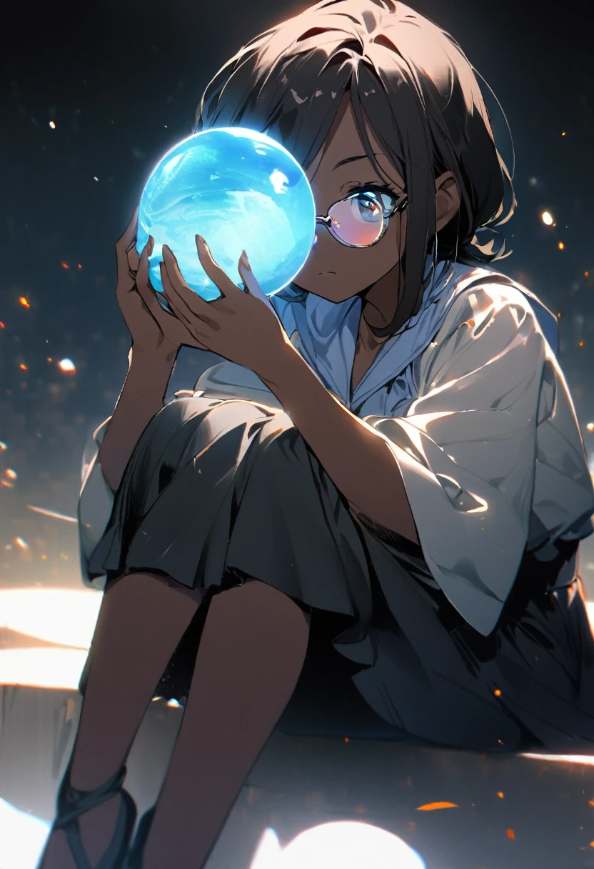 ((1 girl)), アニメ, short dark hair, darkskin, shiny glasses lenses, closed and expressionless mouth, sitting down, with hands holding a glowing sphere while two other glowing spheres orbit around it.
