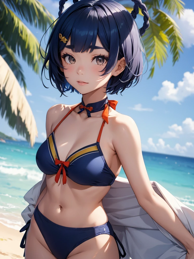 (Xiangling), 1girl, wearing a cute bikini at a beach, (dark blue colour short hair),(Xiangling's hair style) 8k, high detailed, high quality