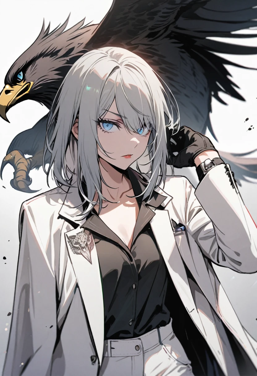 Handsone, solo, female, mafia, black shirt, white pant, black gloves, white coat, medium hair, gray hair, light blue eyes, eagle tattoo on right clavicle