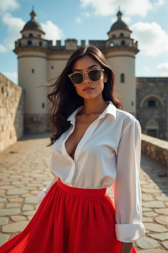 Beautiful Latina woman, picture at the el motto fort in Puerto Rico, dress with a red short, and white shirt, and sunglasses