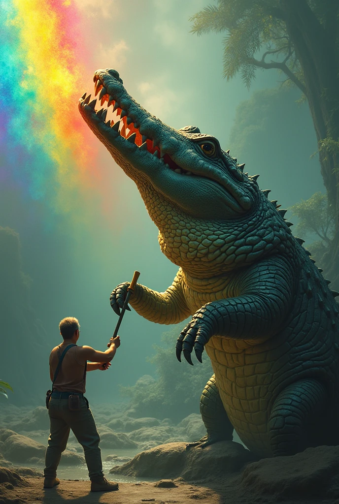 Man sawing off a crocodile's head and a rainbow comes out of the mermaid