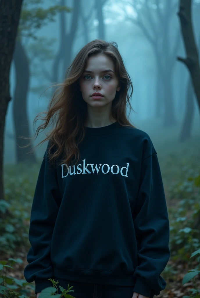 White girl with green eyes, brown hair and white skin, dressed in a black sweatshirt. This sweatshirt says "Duskwood" and the girl is in a blue-toned forest