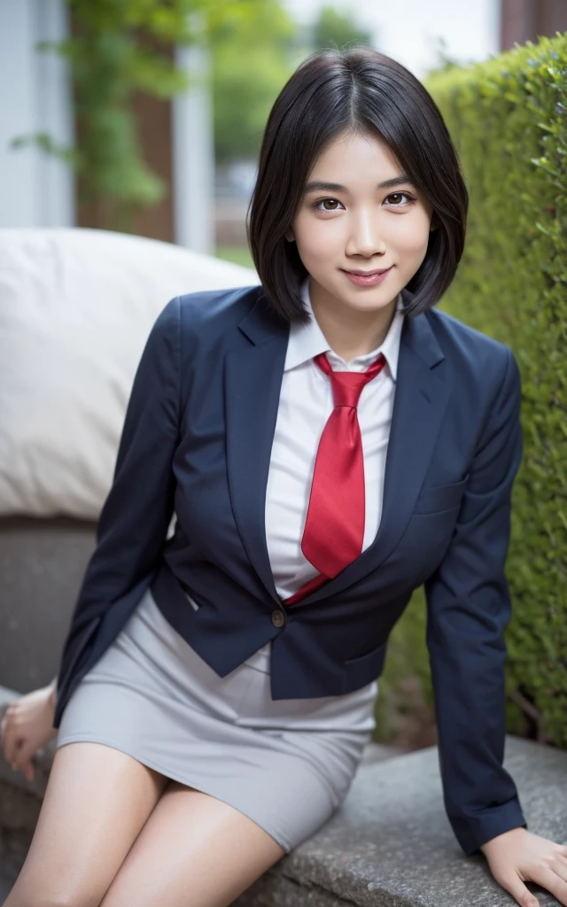 girl, Hyper Realistic, masterpiece, smile, portrait, bobhair, light gray pencil skirt suit, white shirt, red necktie, pantyhose