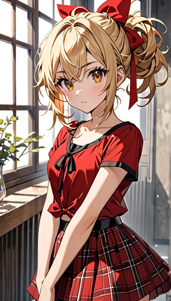 Beautiful and blond, messy styled hair, tied hair, red ribbon, red top, stylish skirts, looking at the viewer 