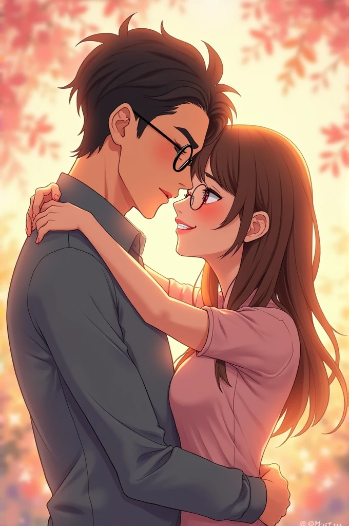 I want an anime couple with a man with thick eyebrows and a full mouth wearing round glasses and a girl with bangs also wearing round glasses.Everybody hugging each other