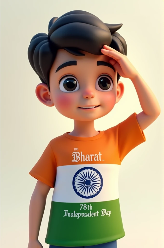 Create a 3D illustration of a 26-year-old boy saluting the national flag of India. He is wearing a shirt whose print is like the Bharat flag and written "नरेश चौधरी " along with the number 78th and independent Day on its back.