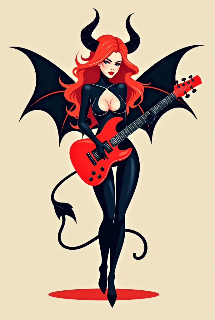 flat vector logo of a sexy Succubus with wings and tail playing guitar. She has red hair. the guitar is a red gibson 