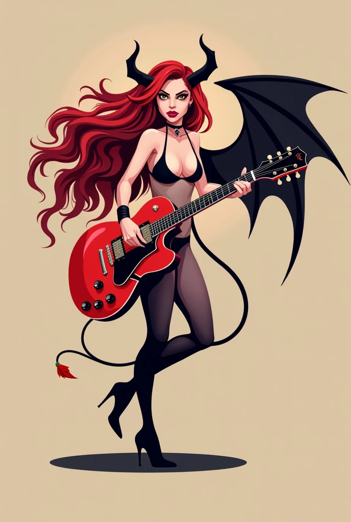 flat vector logo of a sexy Succubus with wings and tail playing guitar. She has red hair. the guitar is a red gibson