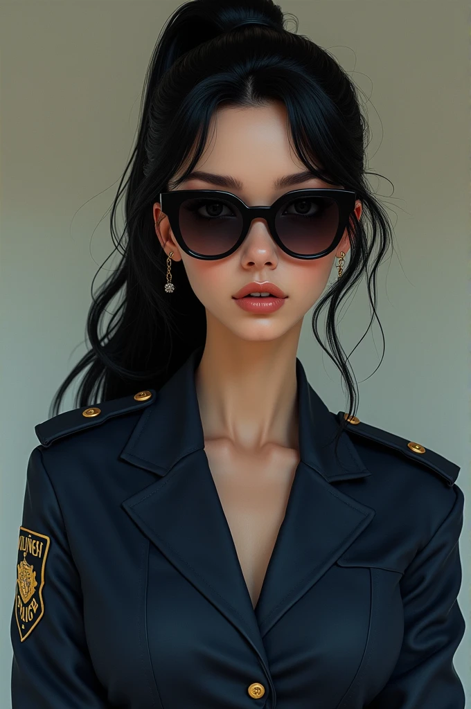 A woman is one sixty nine tall, black hair, tied with a ponytail at mid-head height; retro model dark glasses, Her face was not lightly made up , White skin, and thin face, light eyes, profiled nose. Dressed in a police uniform with the top three buttons undone,