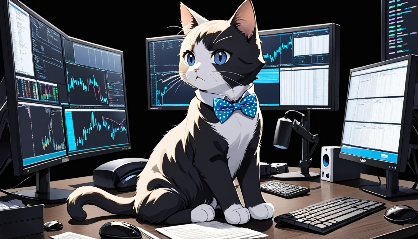 A chic cat, Black and grey stripes, Wearing a blue and white polka dot bow tie, Serious expression, Black background, expressionless, anime, best quality, A cat sitting on a desk with multiple monitors, The cat is trading stocks while looking at the monitor.