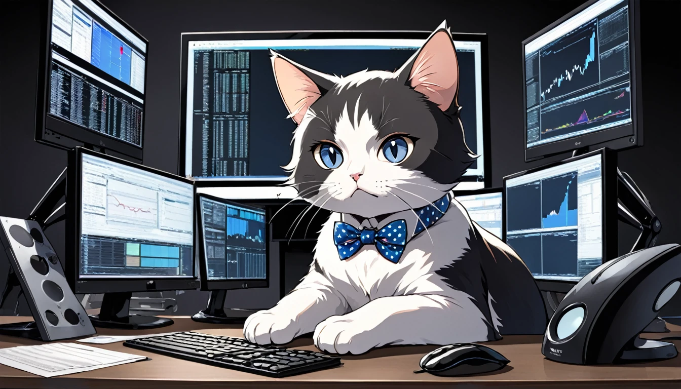 A chic cat, Black and grey stripes, Wearing a blue and white polka dot bow tie, Serious expression, Black background, expressionless, anime, best quality, A cat sitting on a desk with multiple monitors, The cat is trading stocks while looking at the monitor.