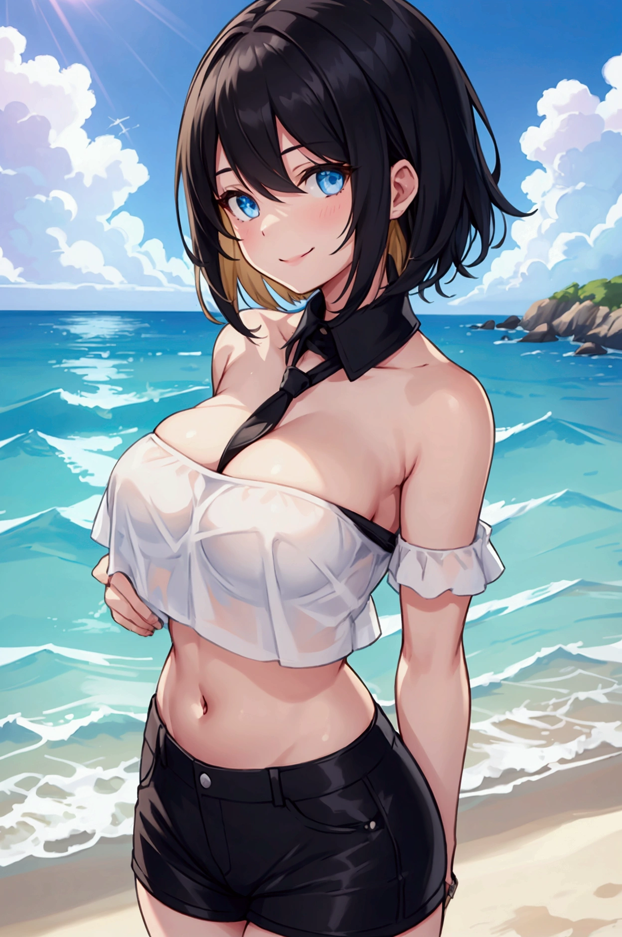 ultra-detailed:1.3), (illustration:1.2), (black color hair, beautiful detailed eyes)1.1, (high resolution), (solo), (1 girl), thighs , smile face , black short hair, intake, (solid shirt)1.0, hot pants,NSFW,midriff peek fluffy hair, blond eyes, private style, beachside background, blue sky, standing