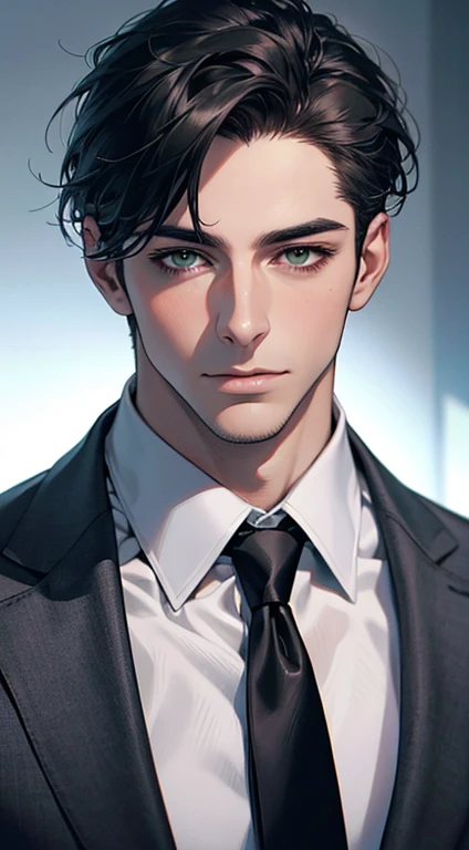 (Highest quality,4K,8K,High resolution,masterpiece:1.2),Super detailed,(Realistic,photoRealistic,photo-Realistic:1.37),1 person,35 years old,Mature Men,Beautiful skin、very handsome,Expressionless,Short gray Black hair,green eyes,Sharp Eyes,A perfect face without a doubt,Businessman, CEO, Office Background,Cinema Lighting,HDR image,tie、