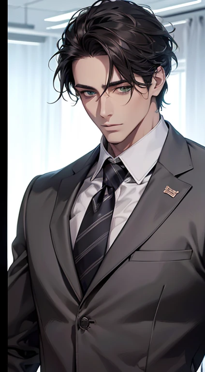 (Highest quality,4K,8K,High resolution,masterpiece:1.2),Super detailed,(Realistic,photoRealistic,photo-Realistic:1.37),1 person,35 years old,Mature Men,Beautiful skin、very handsome,Expressionless,Short gray Black hair,green eyes,Sharp Eyes,A perfect face without a doubt,Businessman, CEO, Office Background,Cinema Lighting,HDR image,tie、