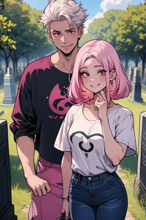 One man. One woman. Perfect faces. Perfect hands. A pink haired woman with violet eyes with an hourglass figure in a summer dress is eating lunch with a young white haired man with red eyes in a t-shirt and jeans in a cemetery with big smiles