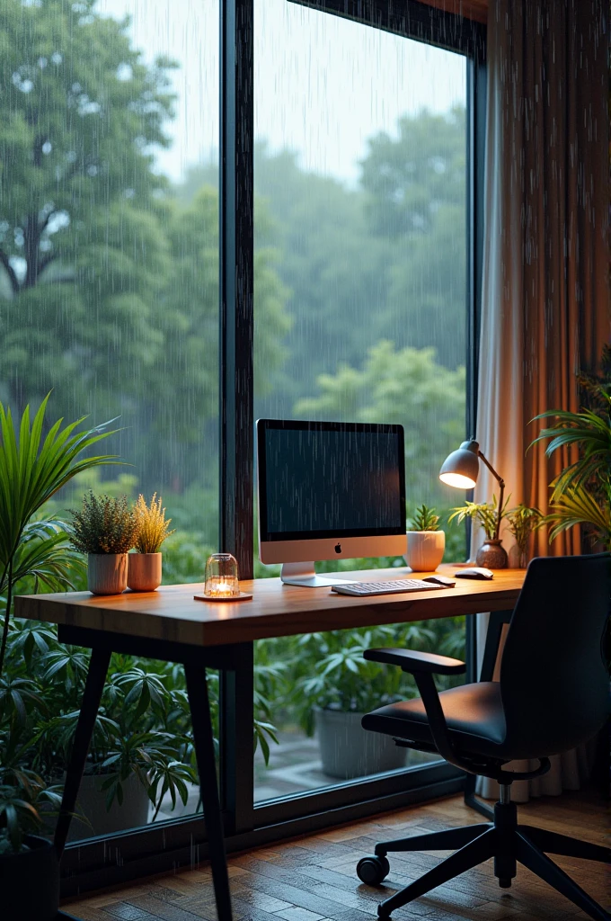 There is a computer on the desk next to a large glass window. It is raining and there are beautiful trees.