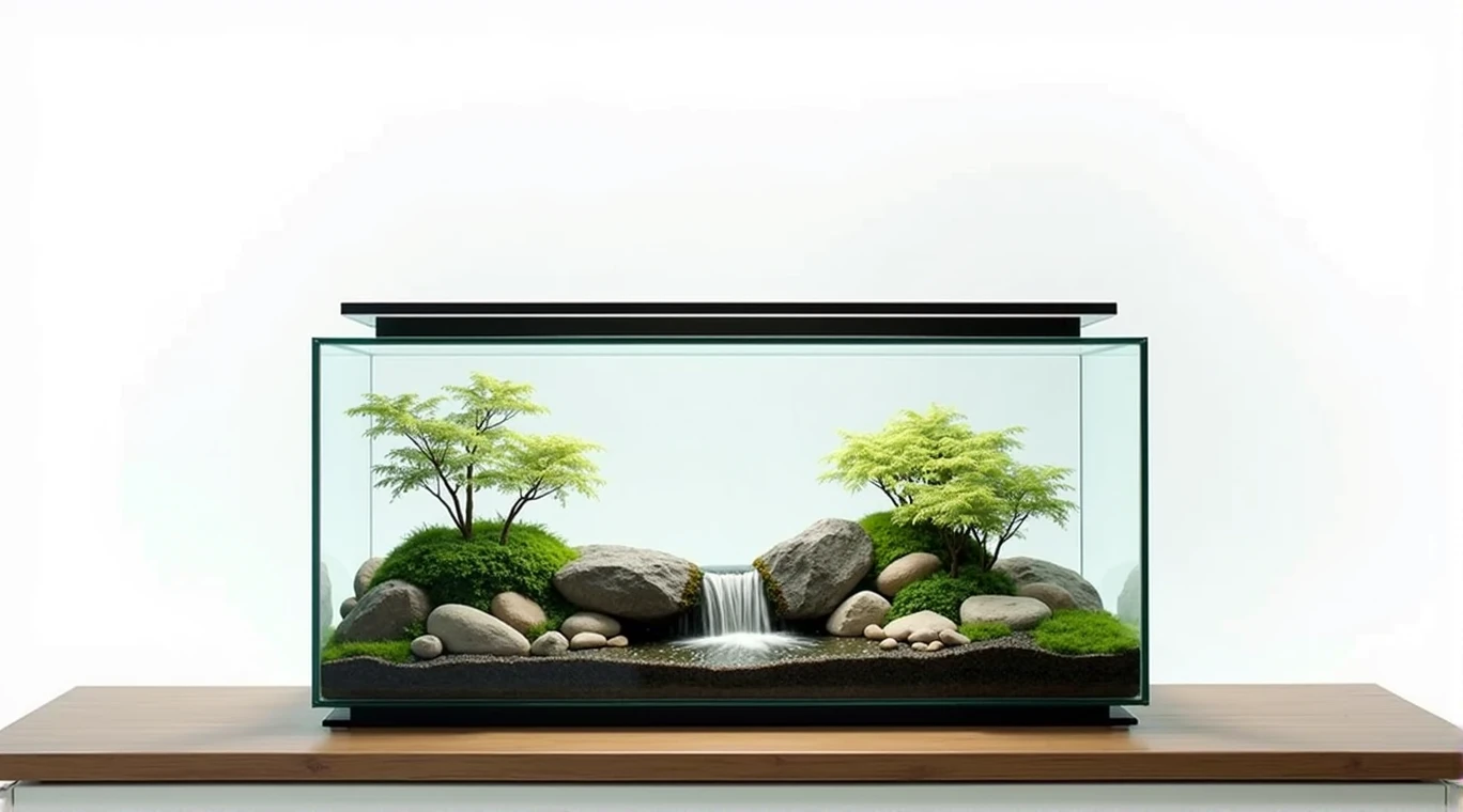 
create a detailed image of a rectangular glass terrarium that is wide, contains a small natural waterfall made of stones, must have a smooth black lid and base, must be on a surface made of wood.

the background must be white