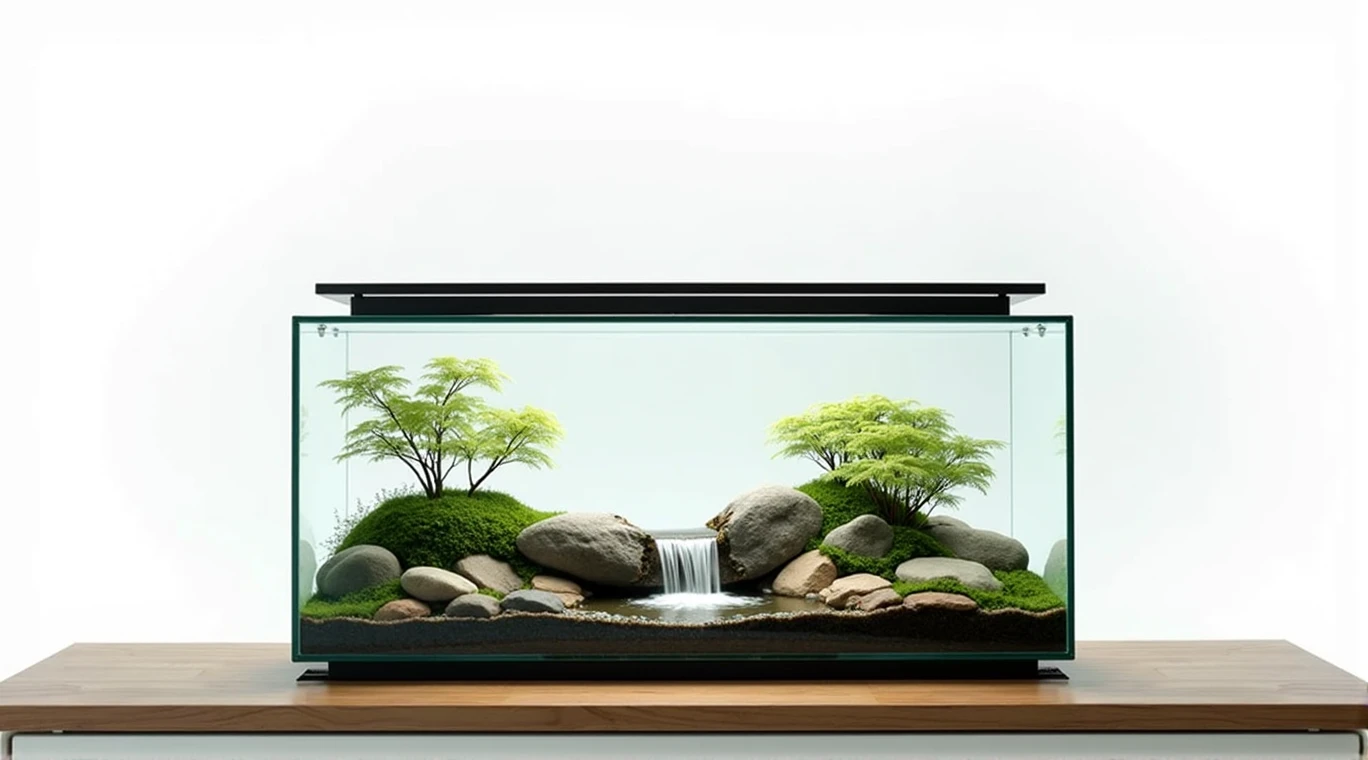 
create a detailed image of a rectangular glass terrarium that is wide, contains a small natural waterfall made of stones, must have a smooth black lid and base, must be on a surface made of wood.

the background must be white