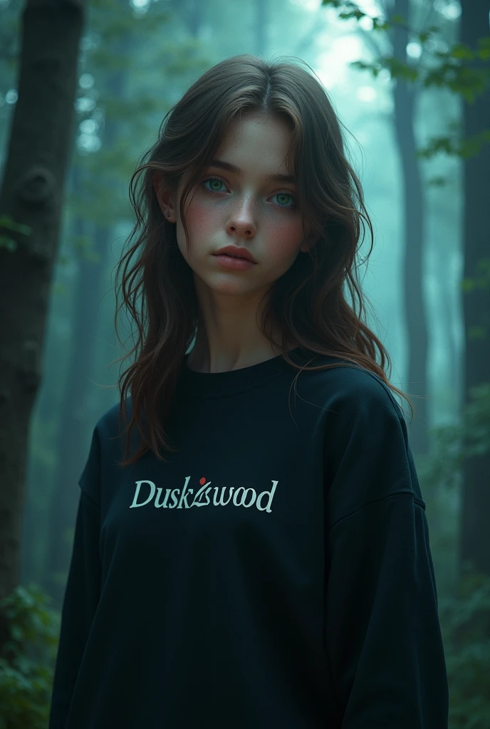 White girl with green eyes, brown hair and white skin, dressed in a black sweatshirt. This sweatshirt says "Duskwood" and the girl is in a blue-toned forest