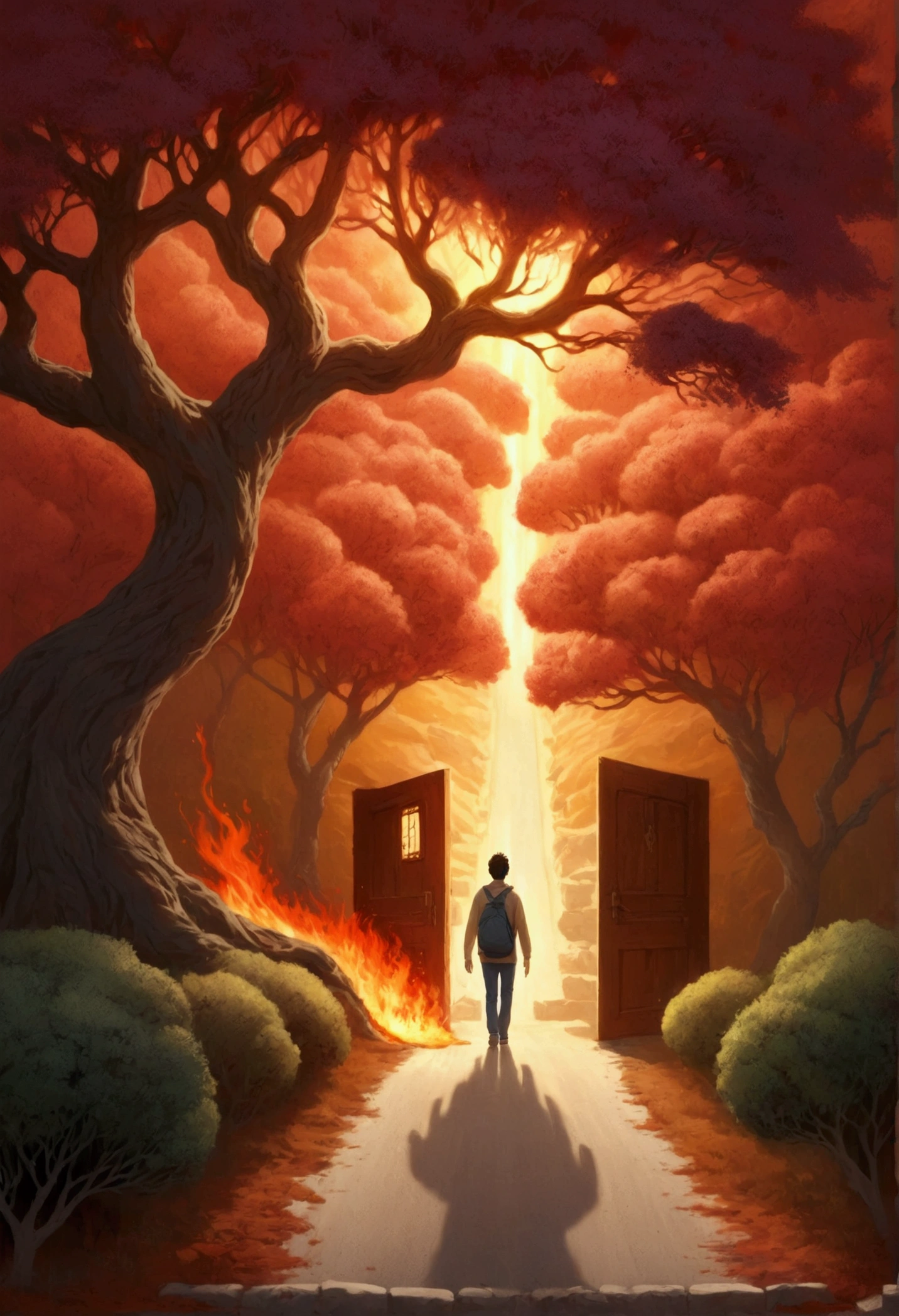 Roads with several different paths are difficult and a main road with a beam of light and an open door with a burning bush inside, in the middle of the main road a person walking towards the door