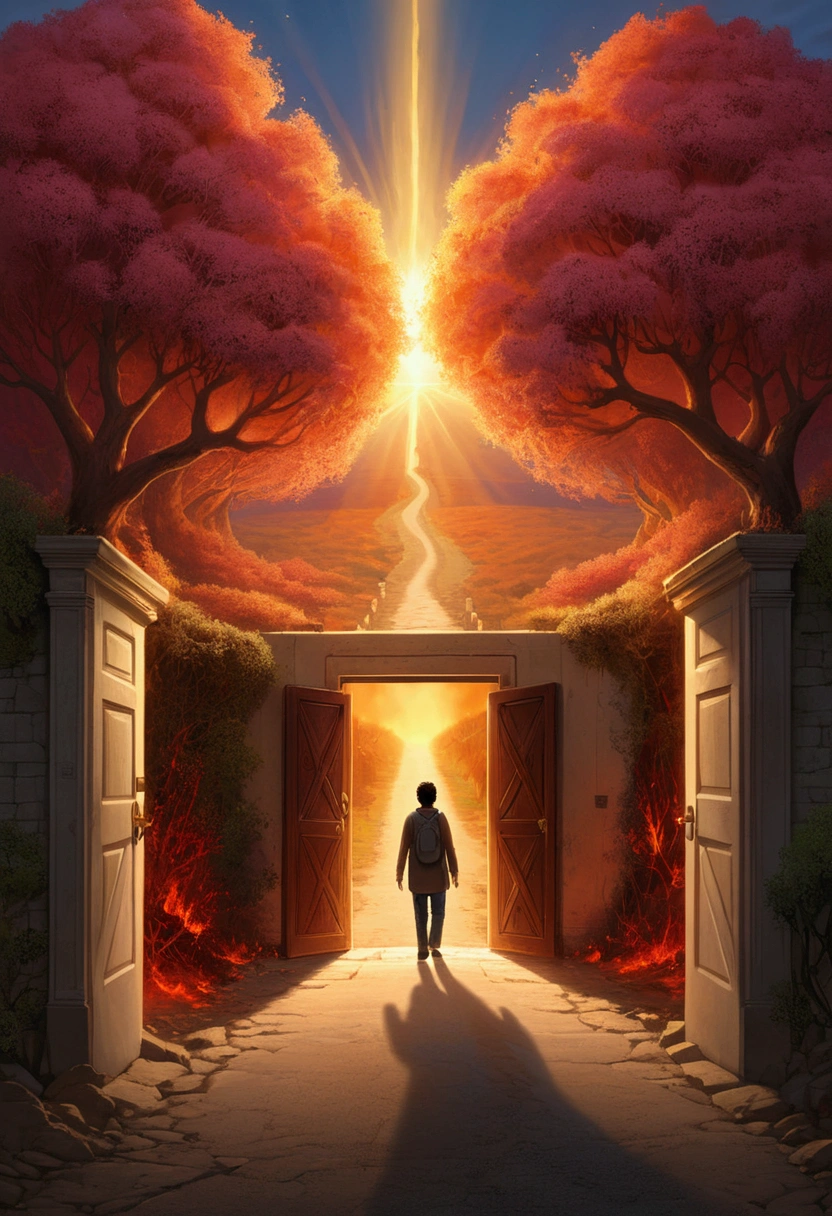 Roads with several different paths are difficult and a main road with a beam of light and an open door with a burning bush inside, in the middle of the main road a person walking towards the door