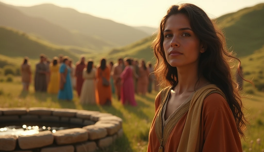(best quality: 1.4), (Ultra Highres: 1.2), (photorealistic: 1.4), (8k, RAW photo: 1.2). The description of the Samaritan woman's physical appearance is not detailed in the biblical narrative, but her Samaritan origin suggests that she probably had similar characteristics to other people from the region. , the wedding represents a biblical scene, they are happy