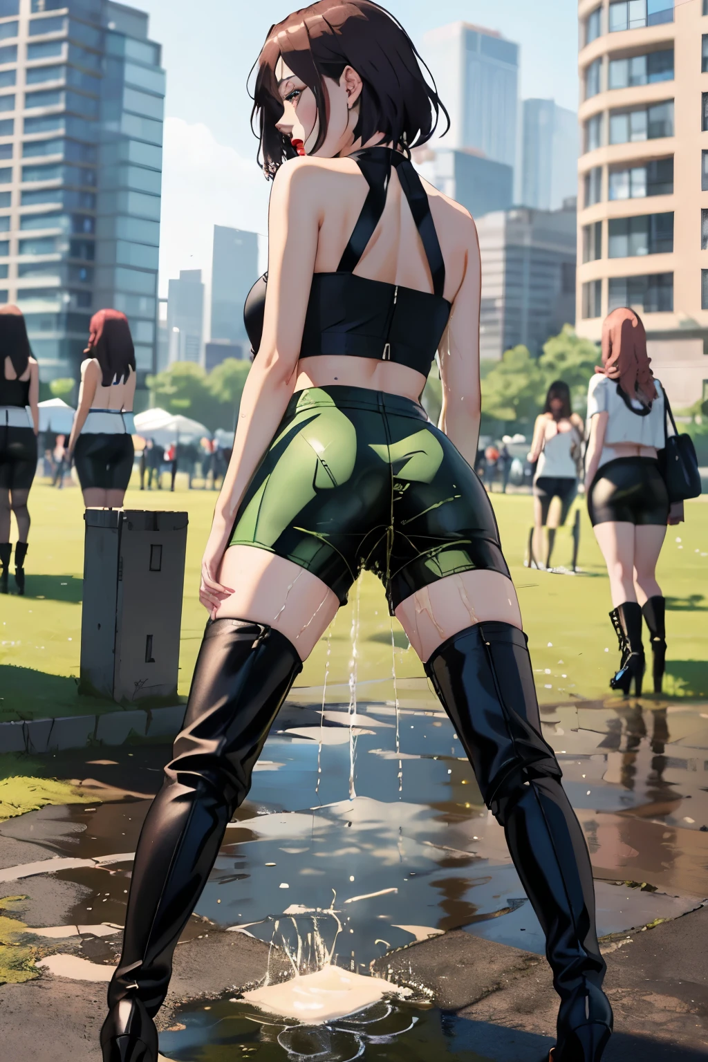 highres, beautiful women, women only, no men, tanned gyaru, blonde hair, high detail, good lighting, lewd, hentai, (((shiny wet spandex short-sleeved cycling suit shorts))), ((leather thigh high high heel boots)), (bare thighs), (wet clothes), (((wetting herself))), (peeing herself), peeing stain, (puddle), thick thighs, nice long legs, lipstick, detailed face, pretty face, seductive face, aroused, sexually excited, (full body shot), ((in public))