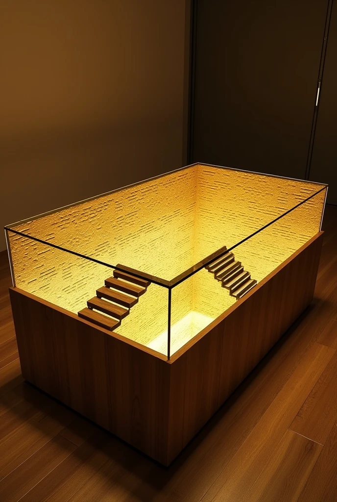 A rectangular table designed to give the feeling of a deep well, thanks to the reflective glass surface that creates a stunning visual effect resembling an endless tunnel.. Inside the well, the walls are covered with a raised wallpaper with a design that mimics industrial brick or a modern look, adding depth and extra detail.. Warm yellow LED interior lighting floods the well interior and highlights the details.. The decor includes a modern-looking staircase that extends into the well, adding an artistic and contemporary feel.. The table is mounted on a solid wooden base, which gives it strength and stability.