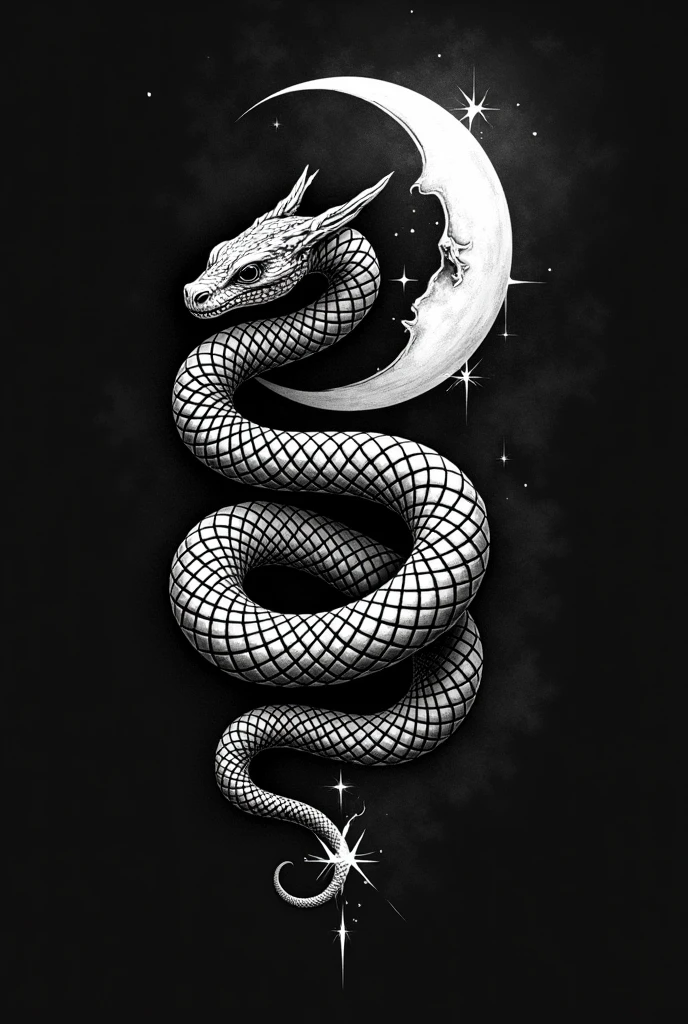 Snake and moon black and white tattoo art