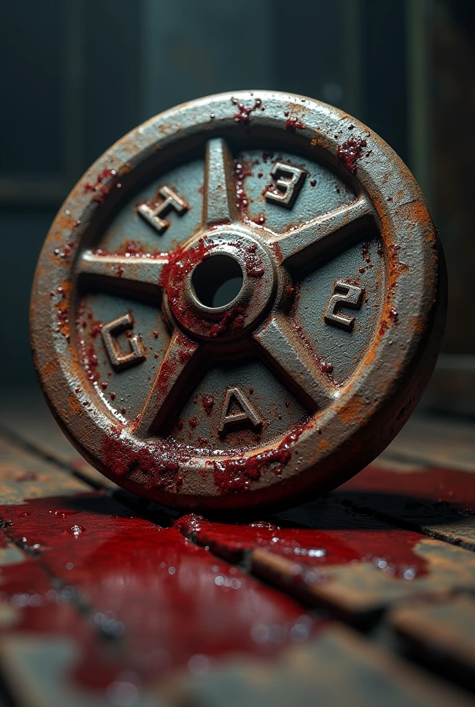 I want to create a 50kg weight plate with a usage mark "rust ", and with blood details around I need this image to be in animation form 