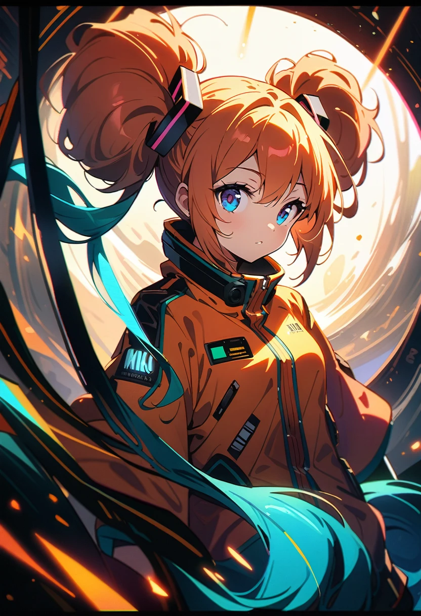 ((Hatsune Miku)), Beautiful Astronaut 1950 , Deep blue eyes, Orange clothes、Metallic white details, Cinematic, photograph撮影, half Backlight, Backlight, Dramatic lighting , incandescent lamp, Soft lighting, Highly detailed and exquisite, Hypermaximalist, Gweitz's non-style art, Elegant pose, dynamic, photograph, Volumetric , Super detailed, Intricate details, A very detailed first piece by guweiz, Futuristic Environment