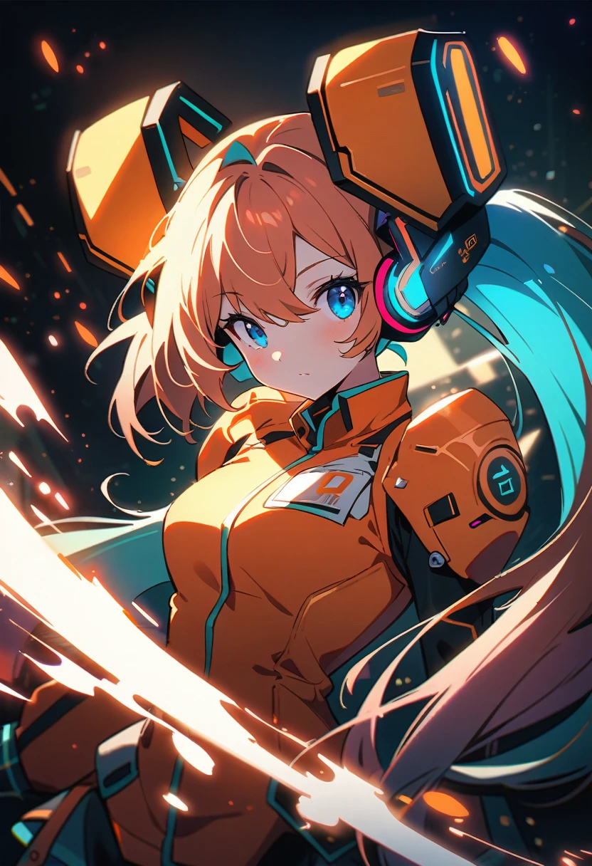 ((Hatsune Miku)), Beautiful Astronaut 1950 , Deep blue eyes, Orange clothes、Metallic white details, Cinematic, photograph撮影, half Backlight, Backlight, Dramatic lighting , incandescent lamp, Soft lighting, Highly detailed and exquisite, Hypermaximalist, Gweitz's non-style art, Elegant pose, dynamic, photograph, Volumetric , Super detailed, Intricate details, A very detailed first piece by guweiz, Futuristic Environment