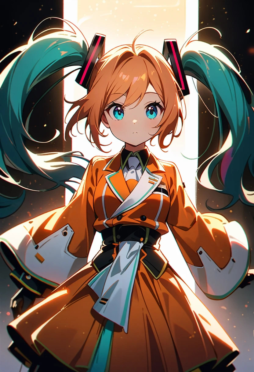 ((Hatsune Miku)), Beautiful Astronaut 1950 , Deep blue eyes, Orange clothes、Metallic white details, Cinematic, photograph撮影, half Backlight, Backlight, Dramatic lighting , incandescent lamp, Soft lighting, Highly detailed and exquisite, Hypermaximalist, Gweitz's non-style art, Elegant pose, dynamic, photograph, Volumetric , Super detailed, Intricate details, A very detailed first piece by guweiz, Futuristic Environment
