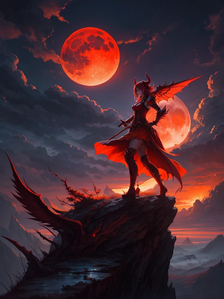  demon princess, red wings, with graceful pose on the mountain, with orange moon and clouds, night concept, made in water color style, hd quality 