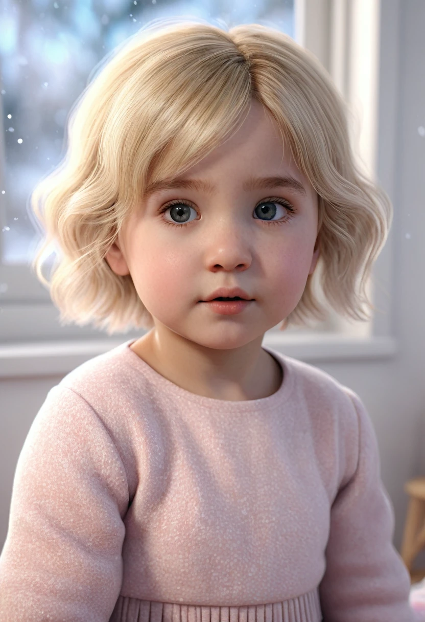 Toddler girl, cute, blush pink in the face,winter skin, hair blonde, small hair, , small feet, small legs, small arms, eyes black, realist, cgi, ultra resolução 24k, toddler girl old idade 10 s, ultra realista, unreal Engine, drees winter cute, toddler girl room