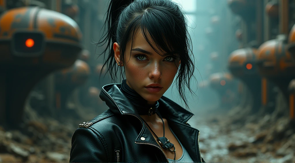 portrait 1 young woman ,science fiction, complex background punk, mad max , futuristic, post-apocalyptic, dark, dim light, ((masterpiece, best quality, )),